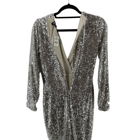 NWT Express Women's Long Sleeve Silver Sequin V Neck Cocktail Party Dress XS - Picture 7 of 15